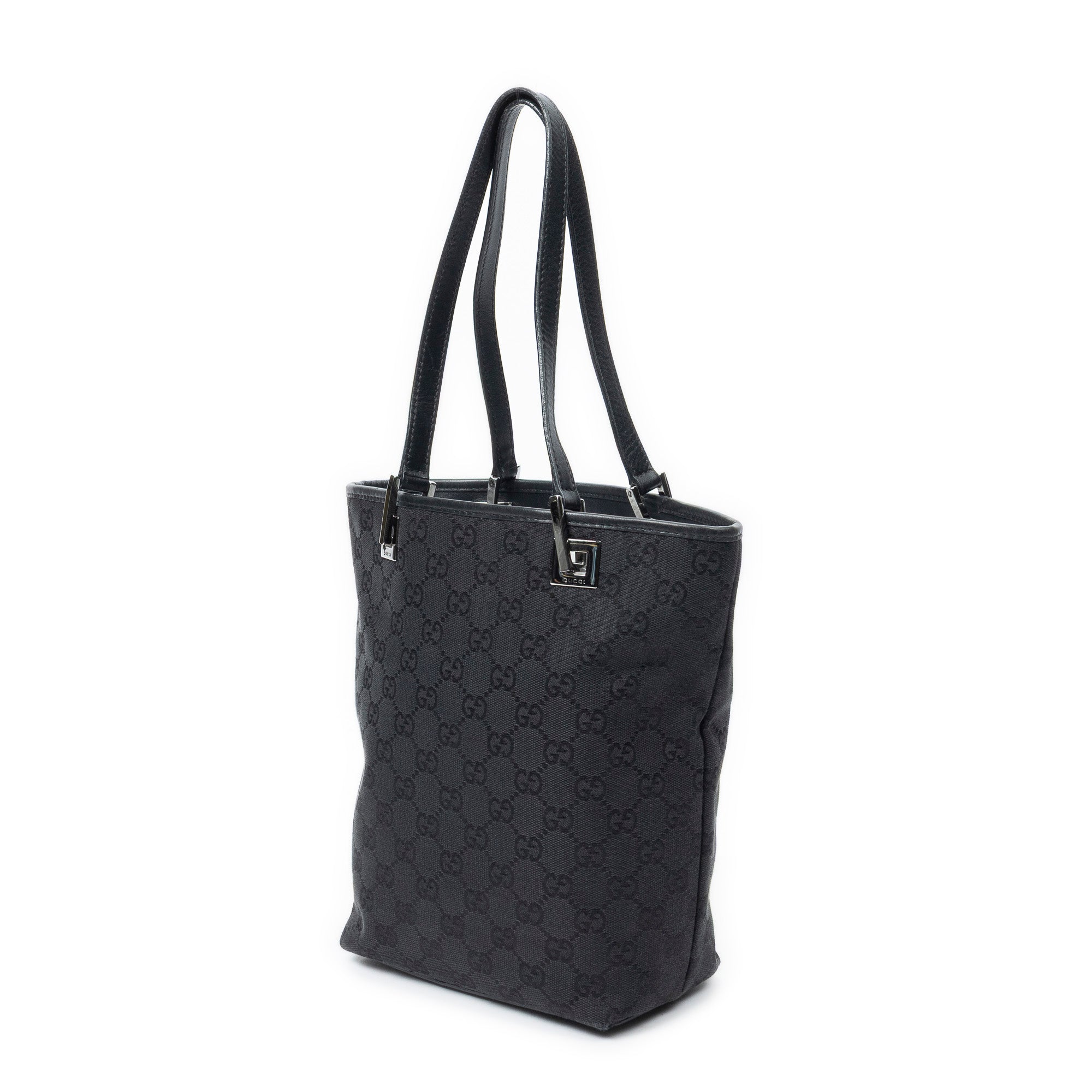 Shoulder Bag Bucket Tote Black Monogrammed Canvas
