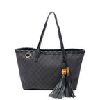 Shoulder Bag Bamboo Tassel Shopping Tote Black Monogrammed Denim Canvas