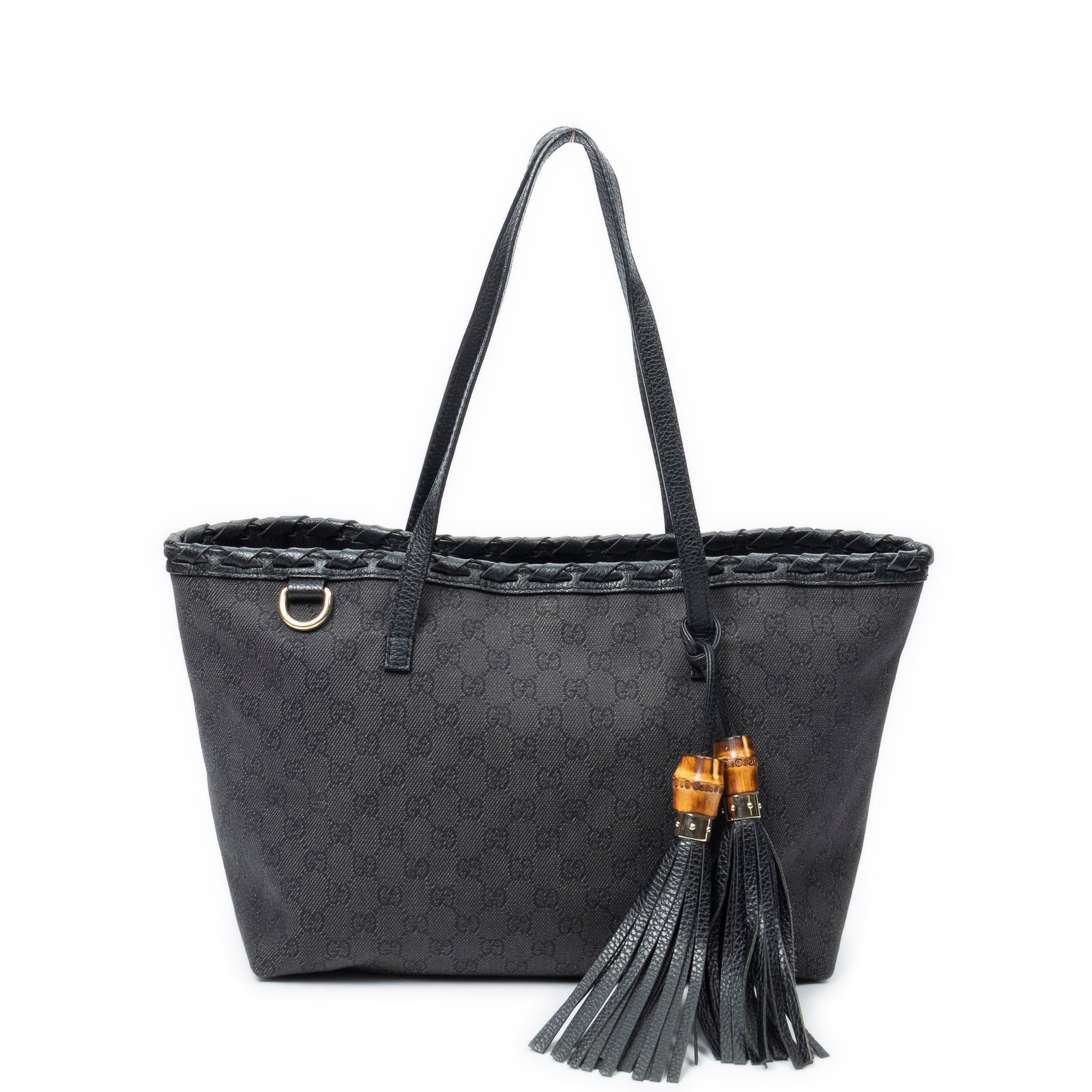Shoulder Bag Bamboo Tassel Shopping Tote Black Monogrammed Denim Canvas