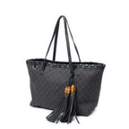 Shoulder Bag Bamboo Tassel Shopping Tote Black Monogrammed Denim Canvas