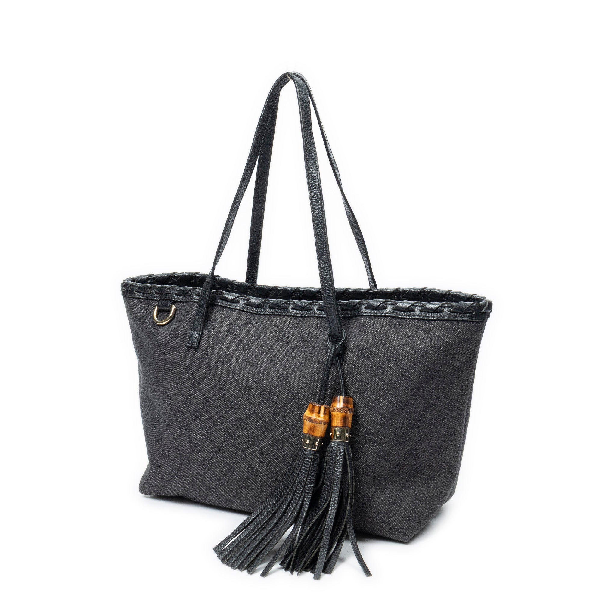 Shoulder Bag Bamboo Tassel Shopping Tote Black Monogrammed Denim Canvas