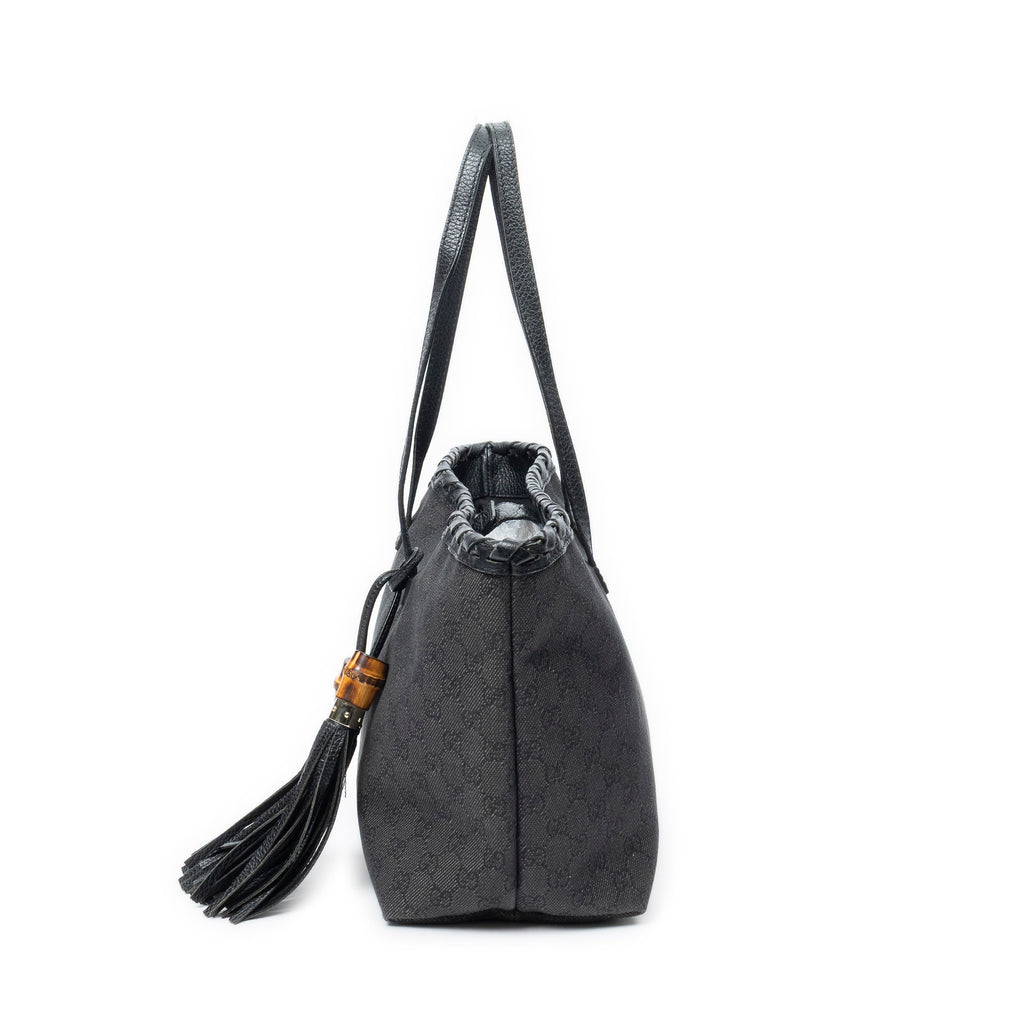 Shoulder Bag Bamboo Tassel Shopping Tote Black Monogrammed Denim Canvas