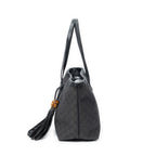 Shoulder Bag Bamboo Tassel Shopping Tote Black Monogrammed Denim Canvas