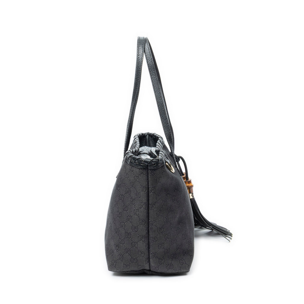 Shoulder Bag Bamboo Tassel Shopping Tote Black Monogrammed Denim Canvas