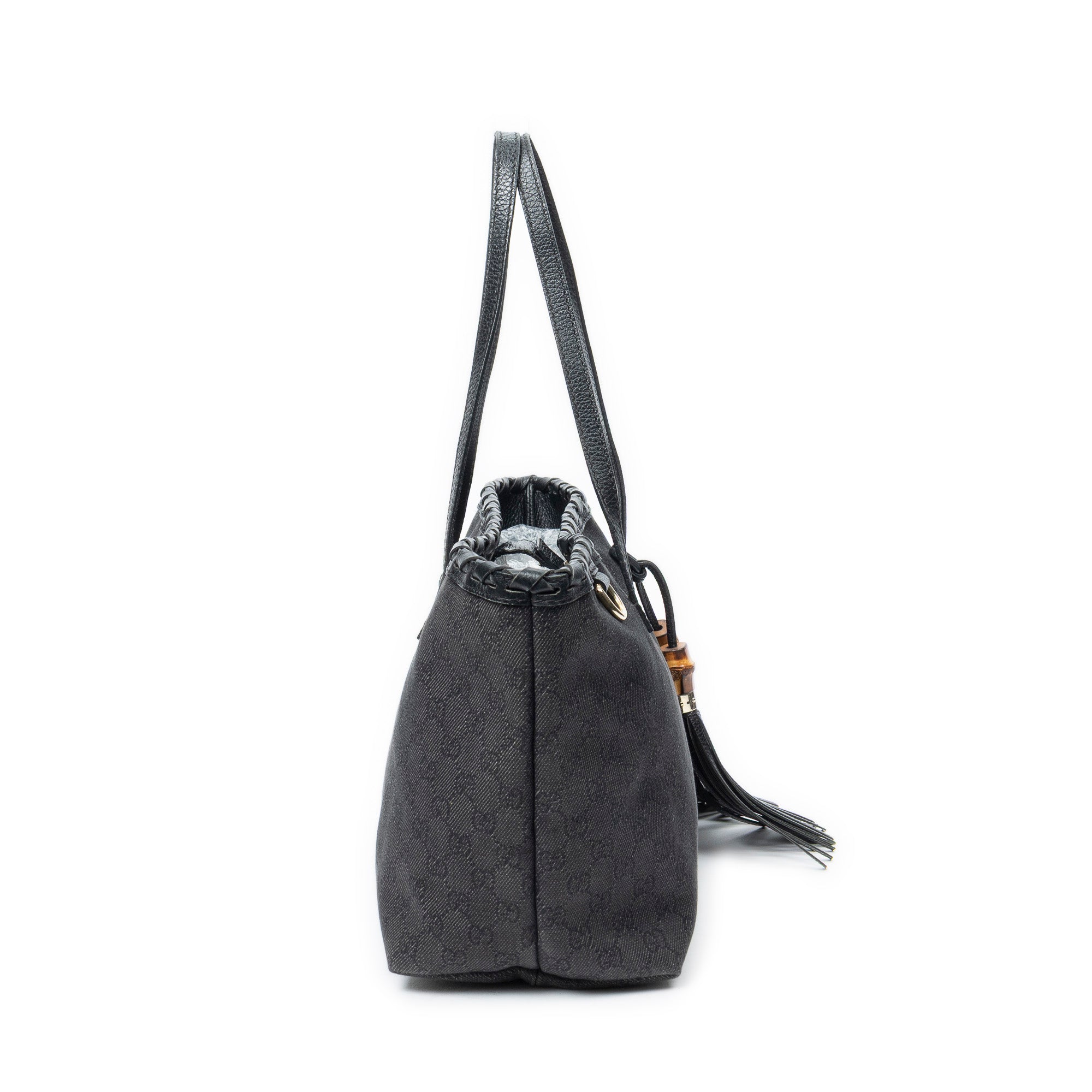 Shoulder Bag Bamboo Tassel Shopping Tote Black Monogrammed Denim Canvas