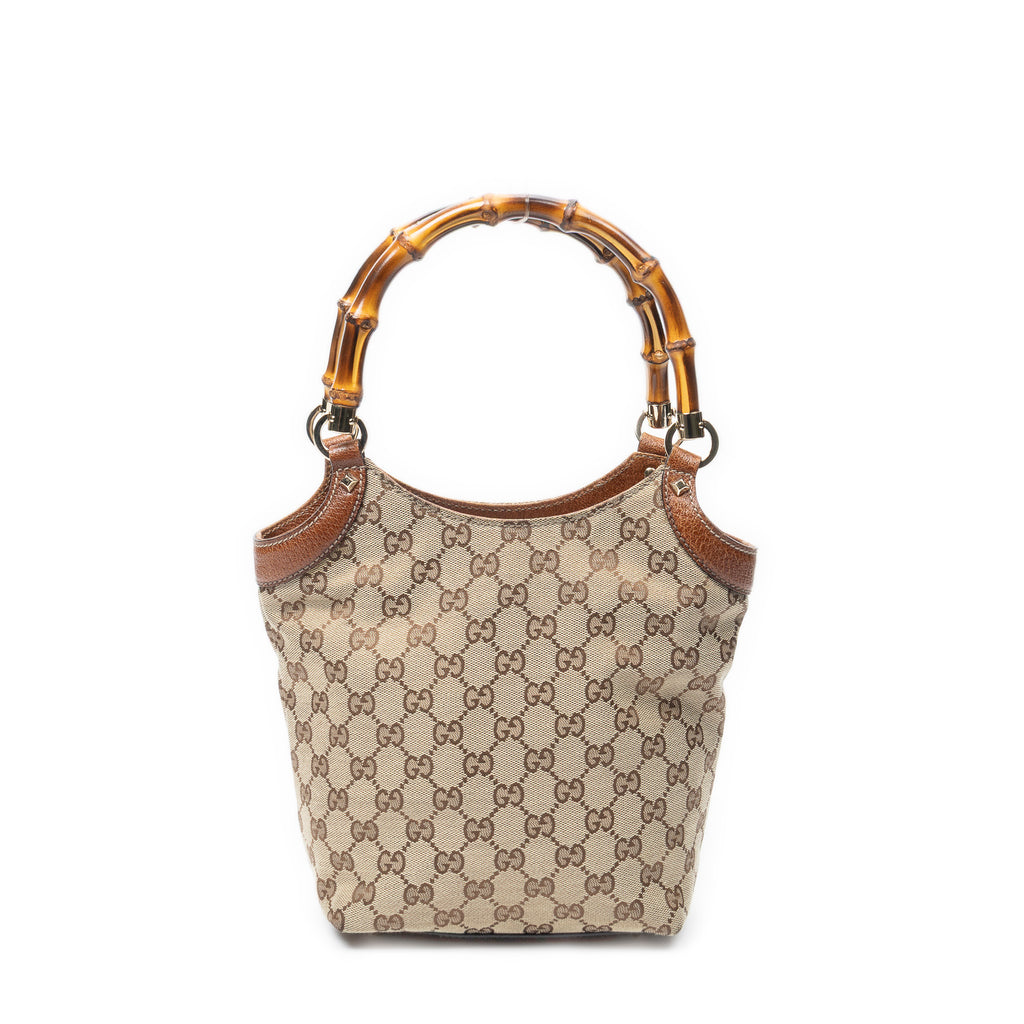 Shoulder Bag Small Bamboo Tote Beige Monogrammed Canvas
