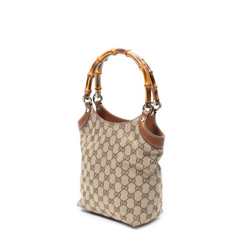 Shoulder Bag Small Bamboo Tote Beige Monogrammed Canvas