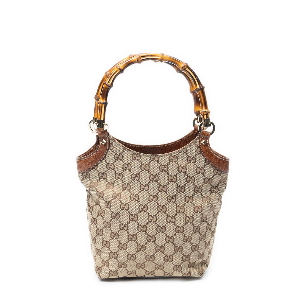 Shoulder Bag Small Bamboo Tote Beige Monogrammed Canvas