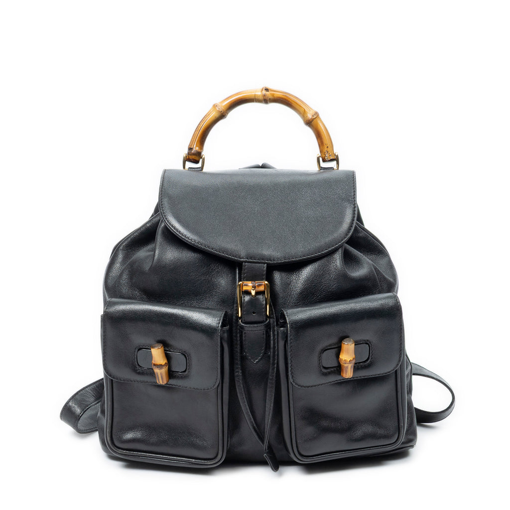 Backpack Large Bamboo Backpack Black Smooth Calfskin Leather