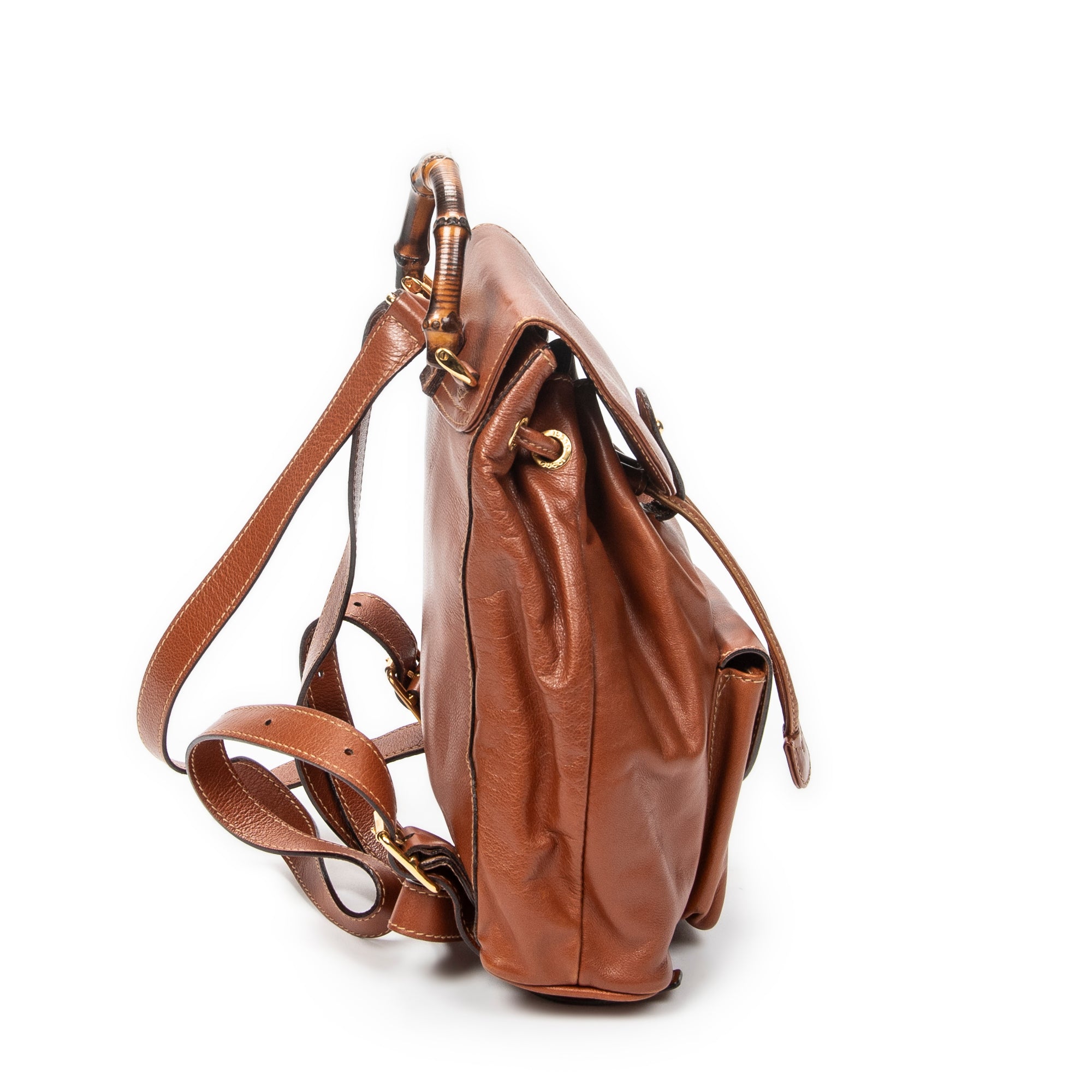 Bolso de hombro mini mochila de bambú en piel de becerro lisa marrón