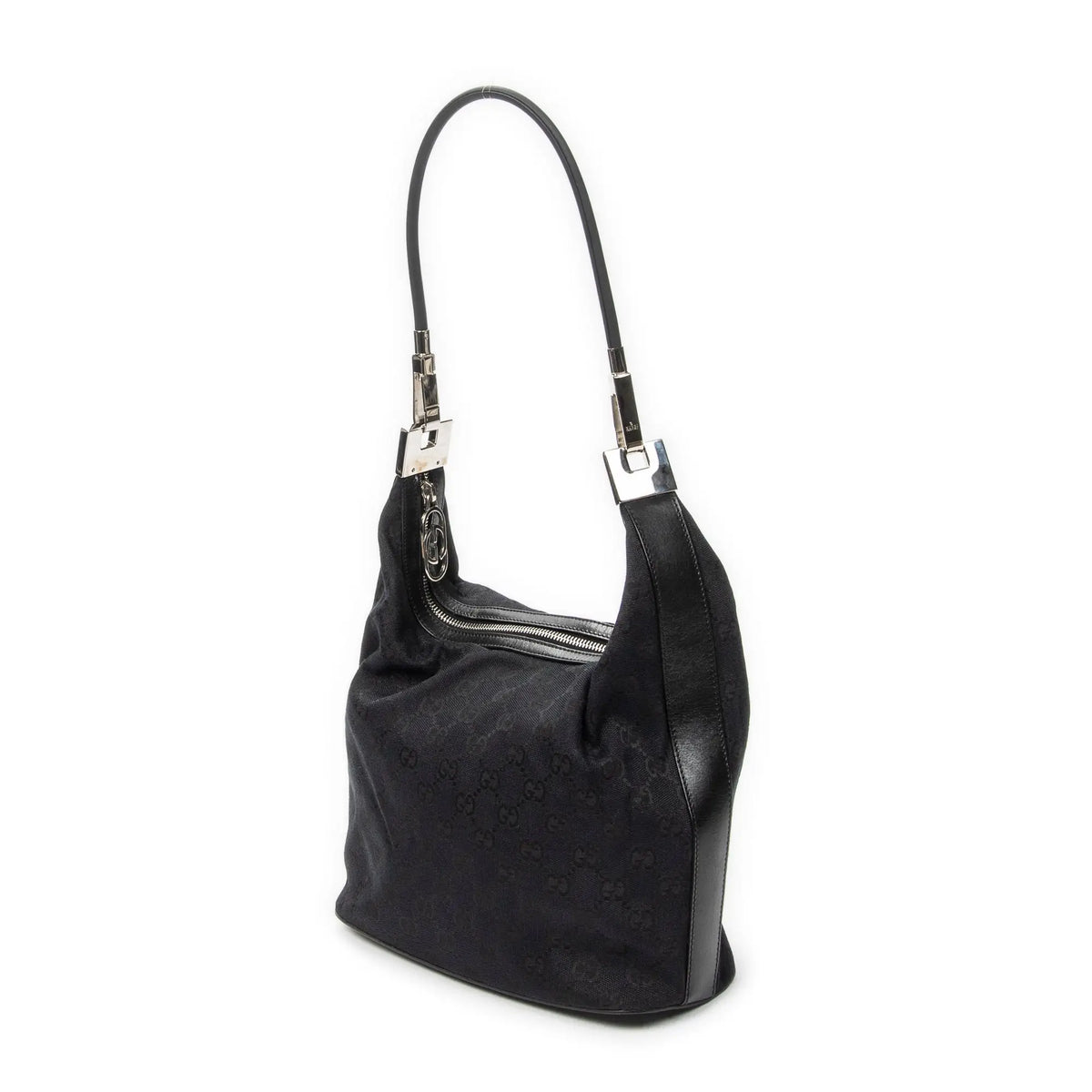 Bolso de hombro Hobo con cremallera Lona negra monogramada