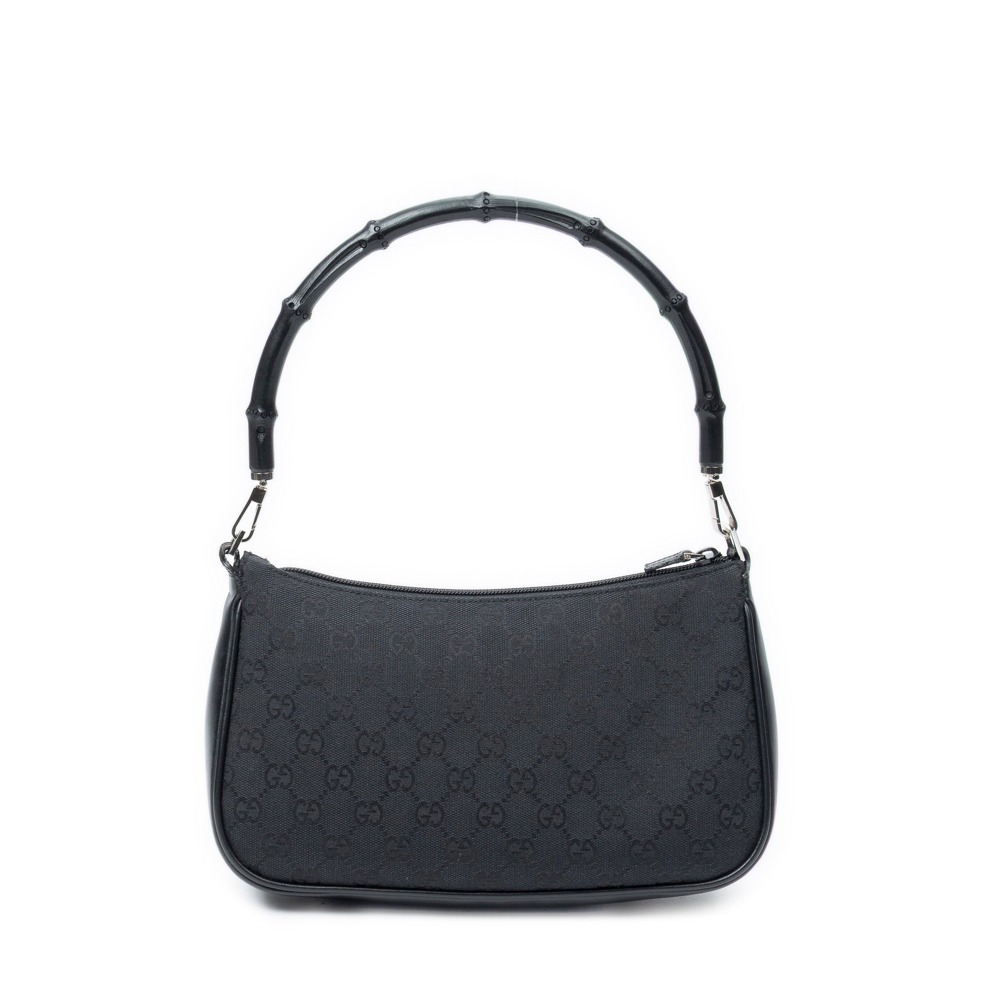 Bolso de hombro de lona monogramada negra con cremallera y detalles de bambú