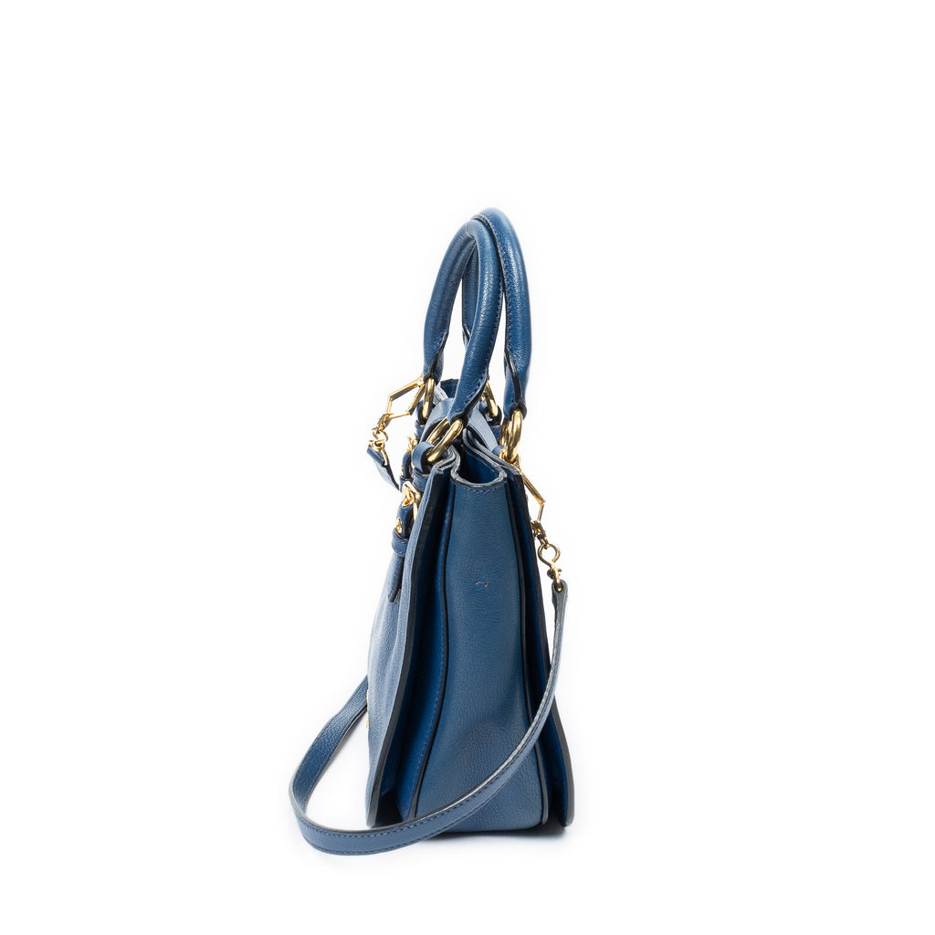 Shoulder Bag Pushlock Executive Tote Blue Vitello Caribu Leather