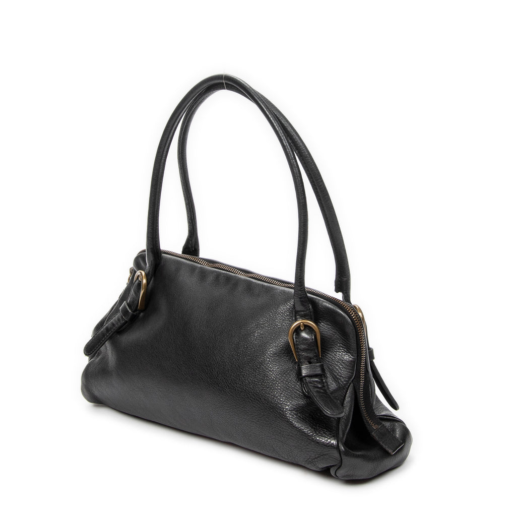 Shoulder Bag Vintage Zip Around Tote Black Goatskin Leather