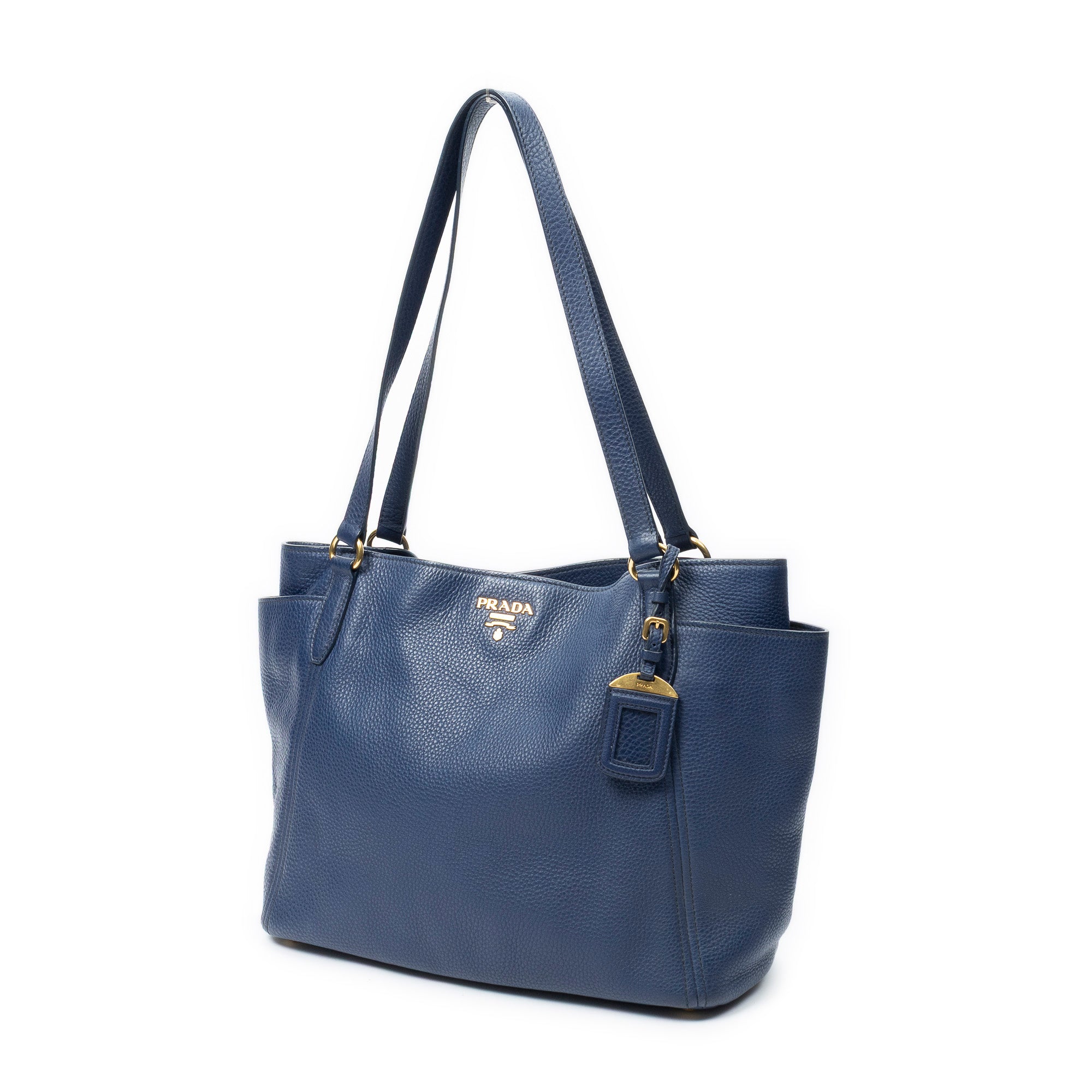Shoulder Bag Side Pocket Shopping Tote Navy Vitello Daino Leather