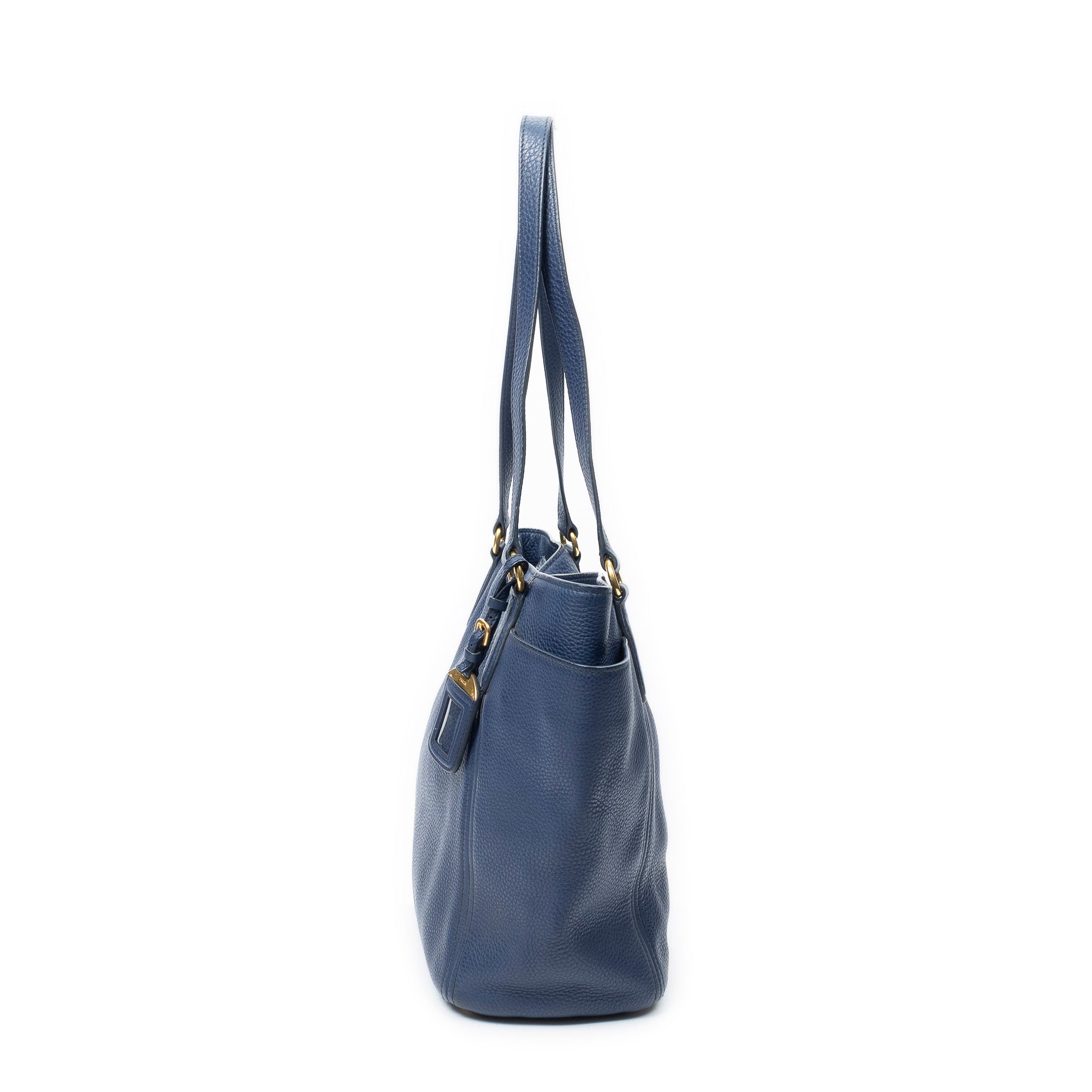 Shoulder Bag Side Pocket Shopping Tote Navy Vitello Daino Leather