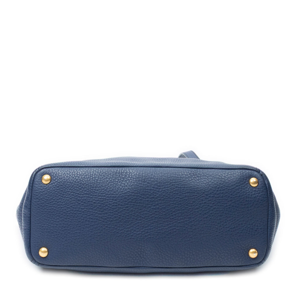 Shoulder Bag Side Pocket Shopping Tote Navy Vitello Daino Leather