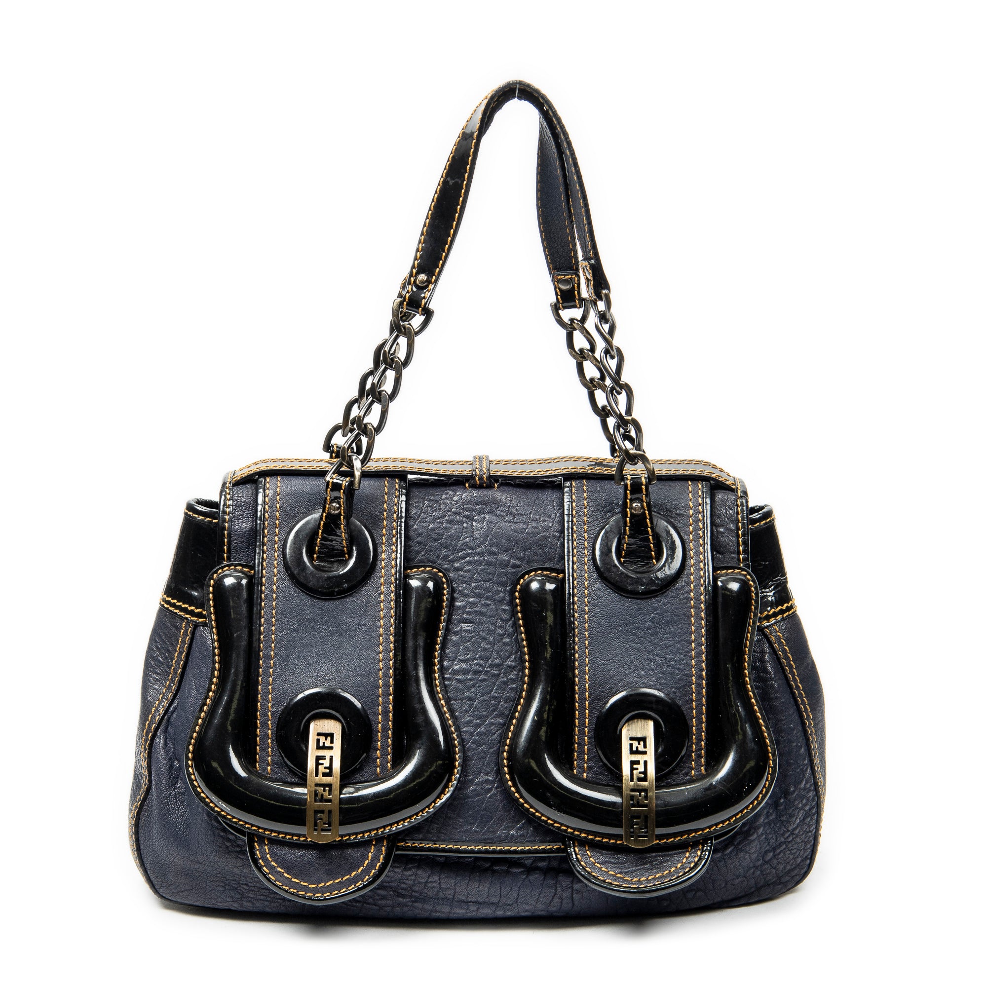 Shoulder Bag B Bag Navy Pebbled Calfskin Leather