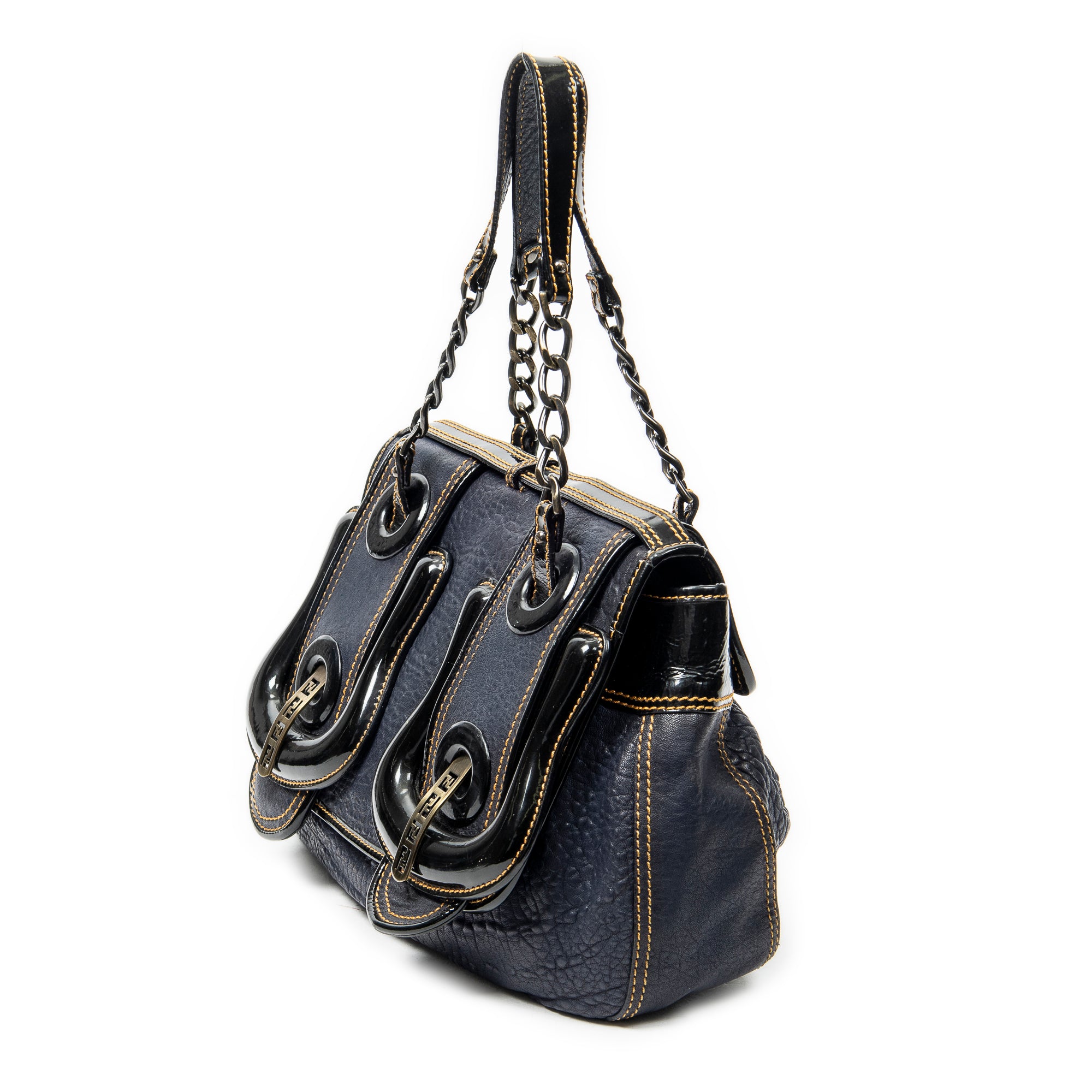 Shoulder Bag B Bag Navy Pebbled Calfskin Leather