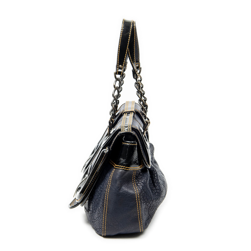 Shoulder Bag B Bag Navy Pebbled Calfskin Leather