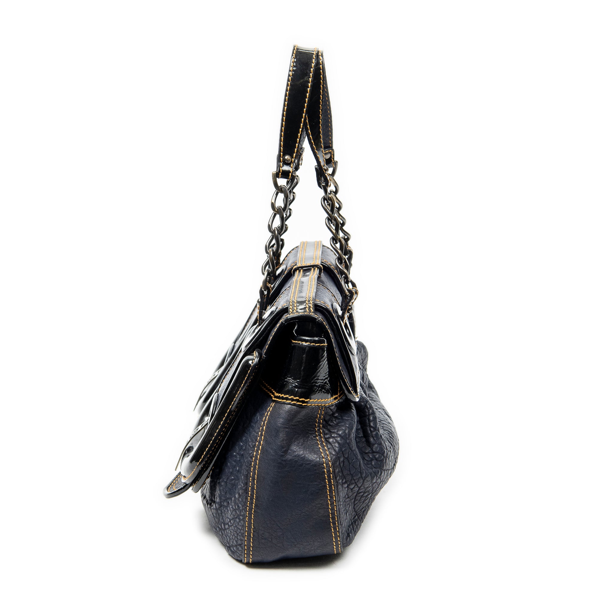 Shoulder Bag B Bag Navy Pebbled Calfskin Leather