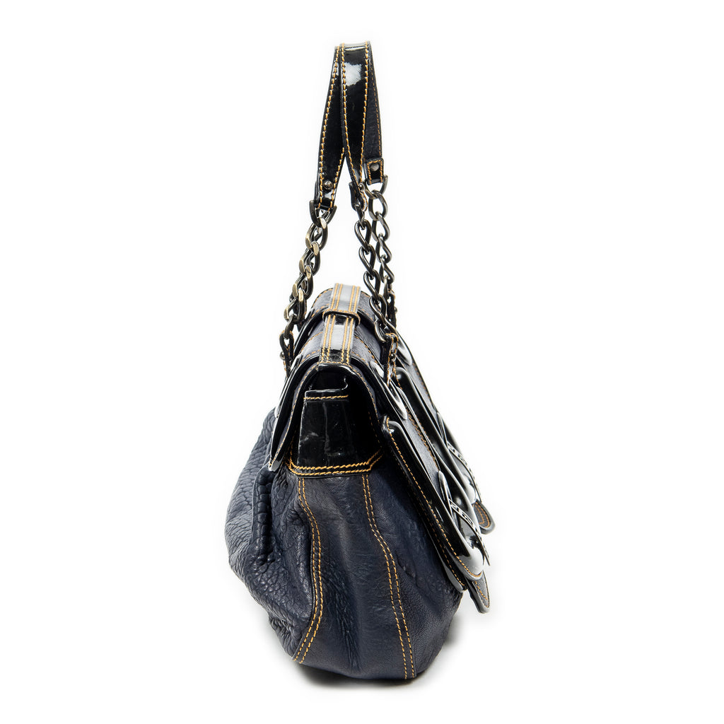 Shoulder Bag B Bag Navy Pebbled Calfskin Leather