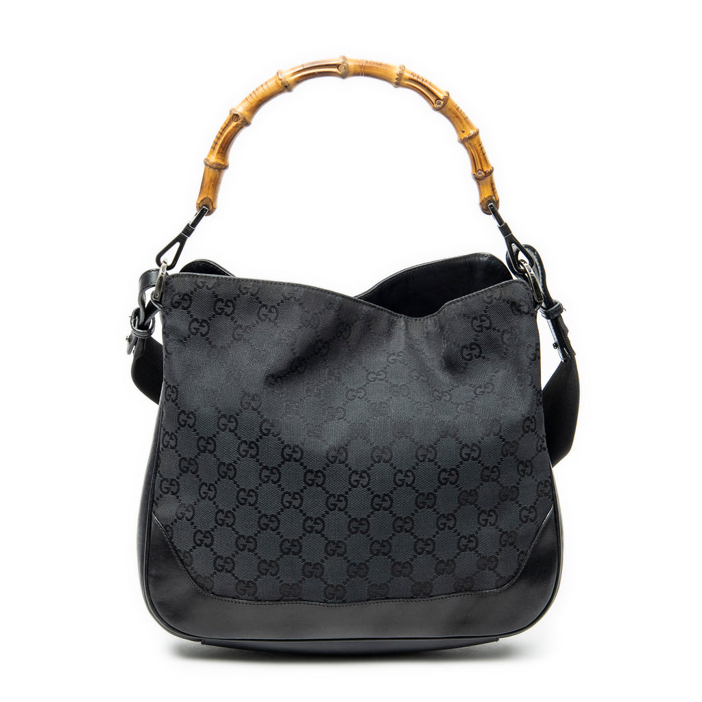 Shoulder Bag Bamboo Top Handle Hobo Black Monogrammed Canvas