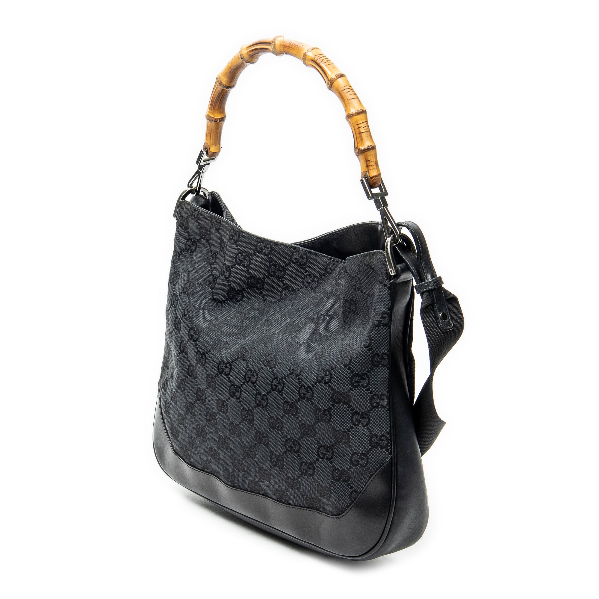 Shoulder Bag Bamboo Top Handle Hobo Black Monogrammed Canvas