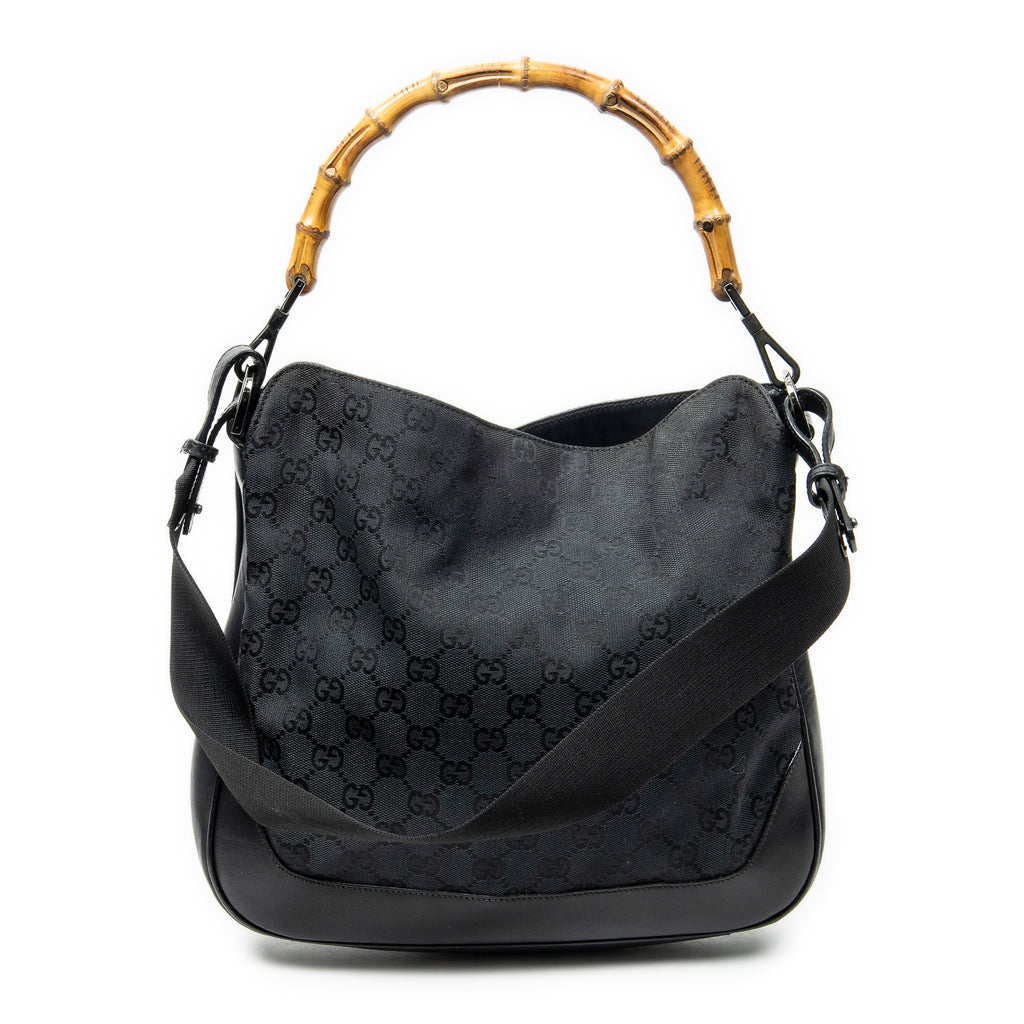 Shoulder Bag Bamboo Top Handle Hobo Black Monogrammed Canvas
