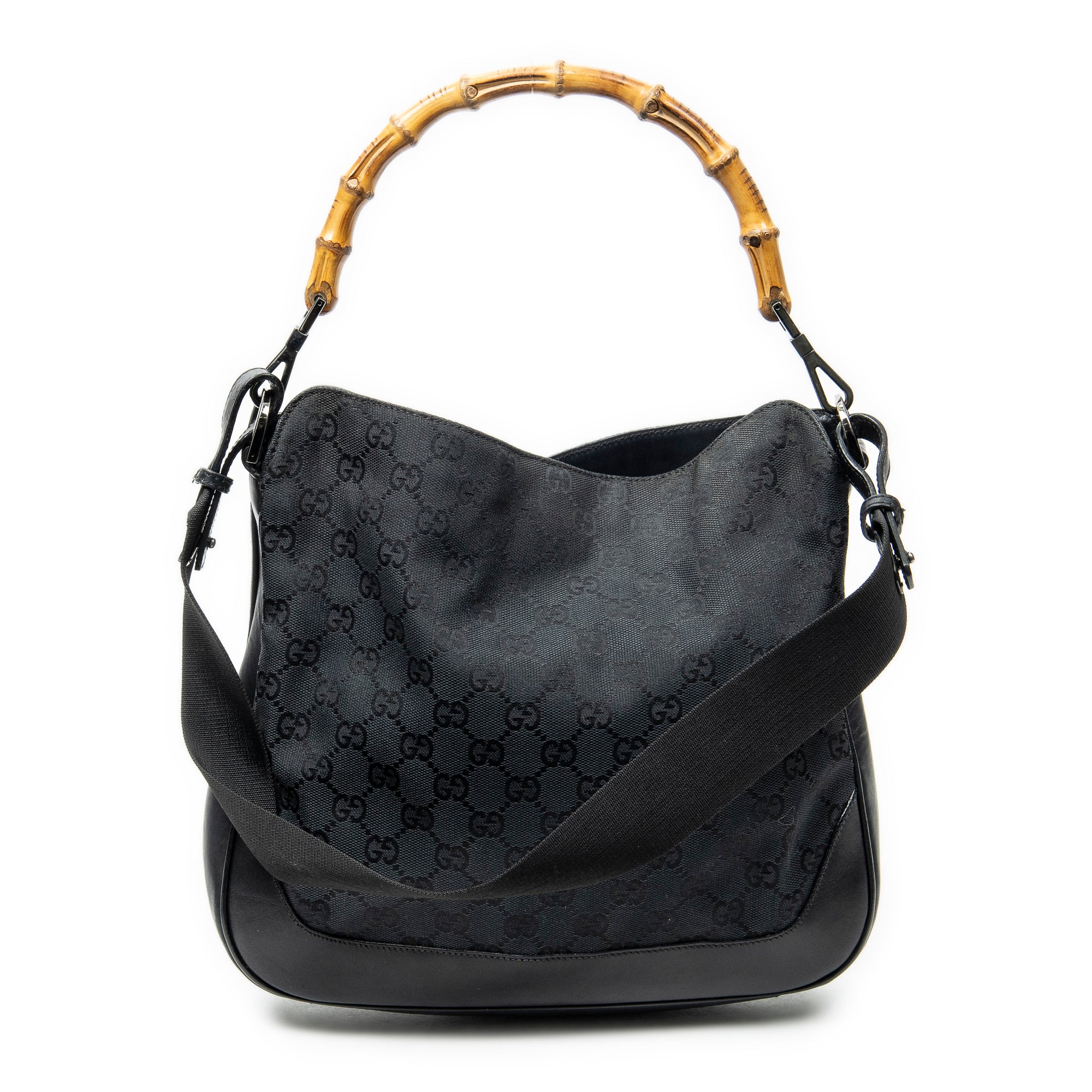 Shoulder Bag Bamboo Top Handle Hobo Black Monogrammed Canvas