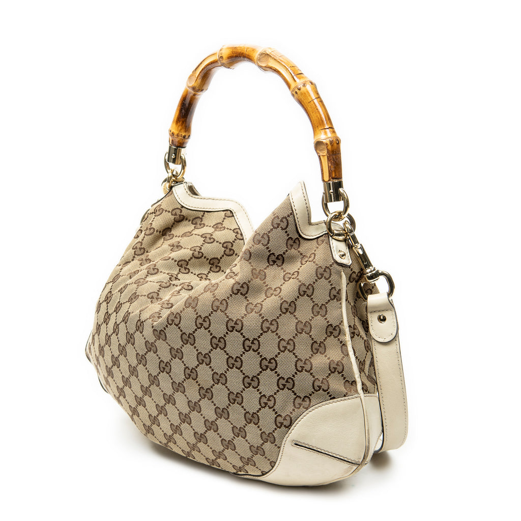 Shoulder Bag Peggy Bamboo Handle Hobo Beige Monogrammed Canvas