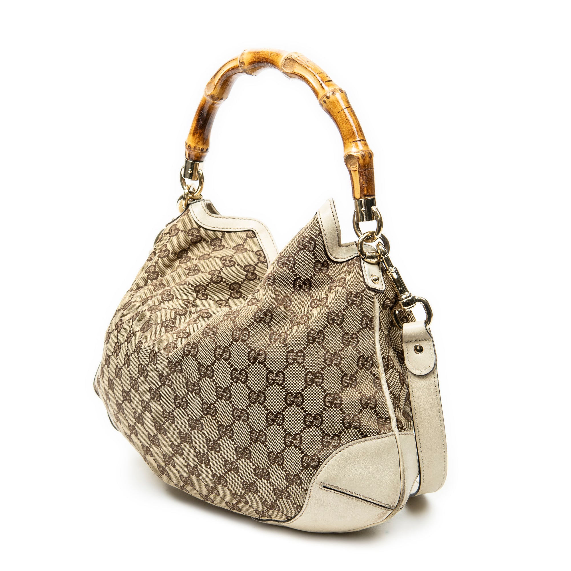 Shoulder Bag Peggy Bamboo Handle Hobo Beige Monogrammed Canvas