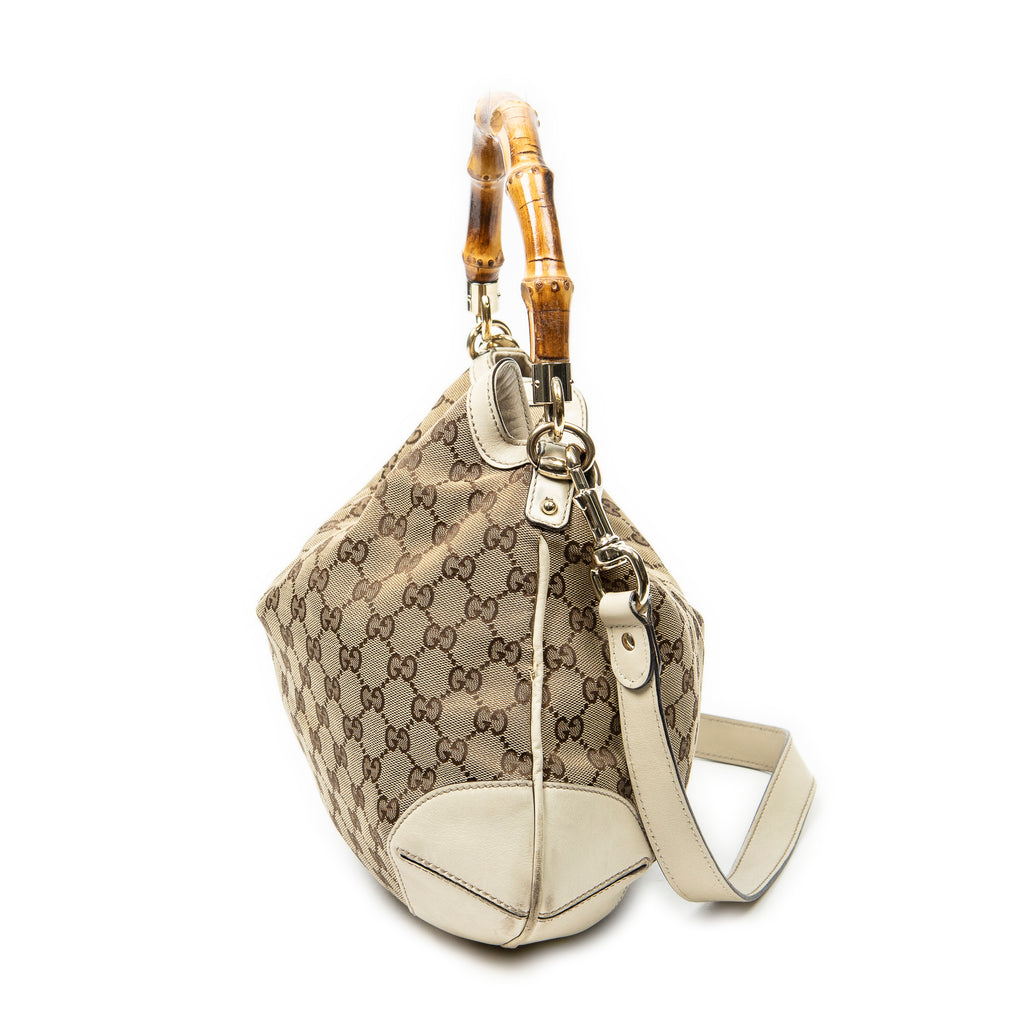 Shoulder Bag Peggy Bamboo Handle Hobo Beige Monogrammed Canvas