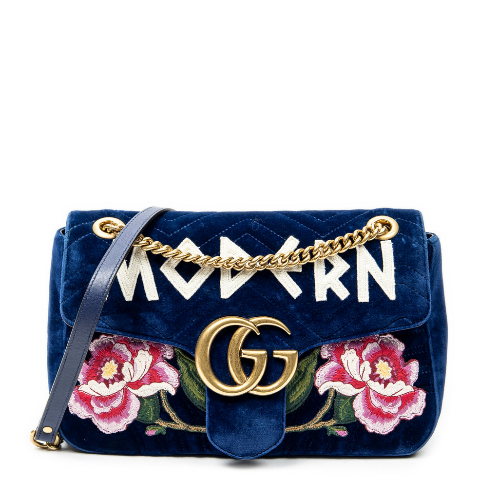 Shoulder Bag Medium GG Marmont Flap Royal Blue Embroidered Velvet Canvas