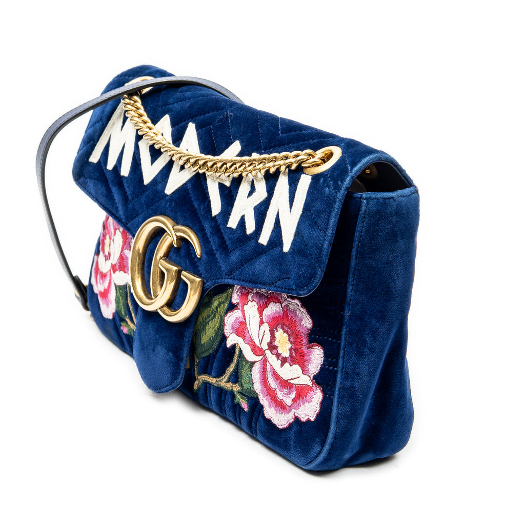 Shoulder Bag Medium GG Marmont Flap Royal Blue Embroidered Velvet Canvas