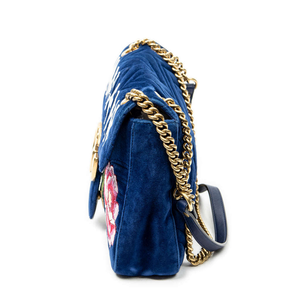 Shoulder Bag Medium GG Marmont Flap Royal Blue Embroidered Velvet Canvas