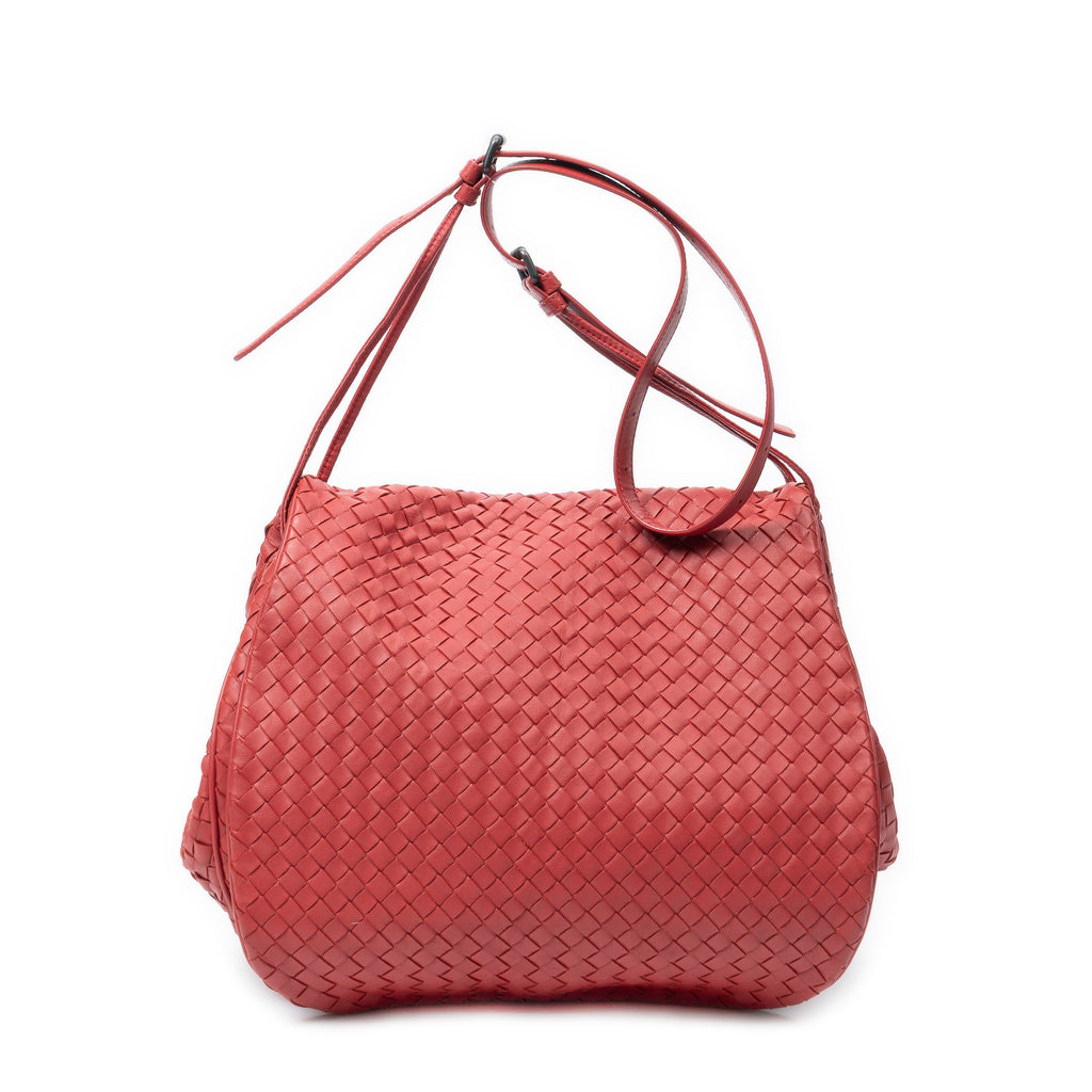 Shoulder Bag Drawstring Flap Messenger Red Intrecciato Leather