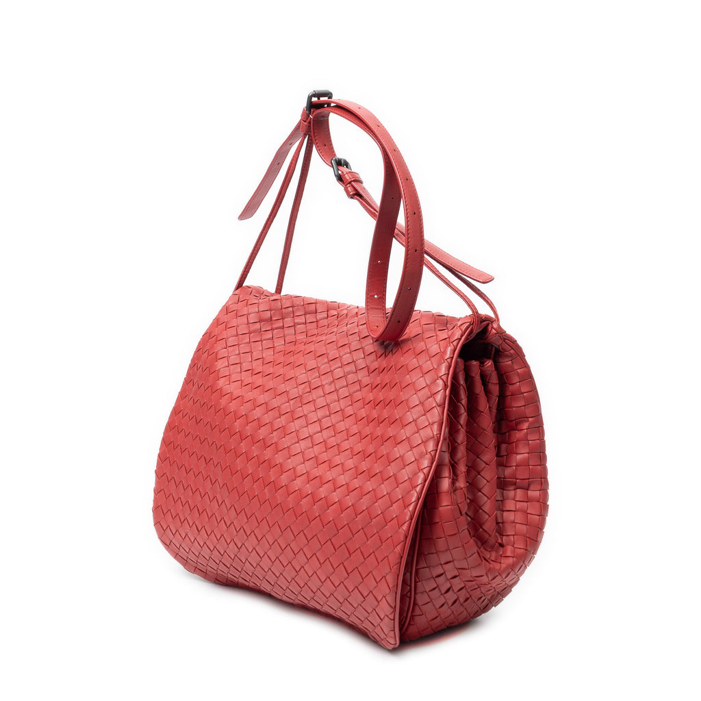 Shoulder Bag Drawstring Flap Messenger Red Intrecciato Leather