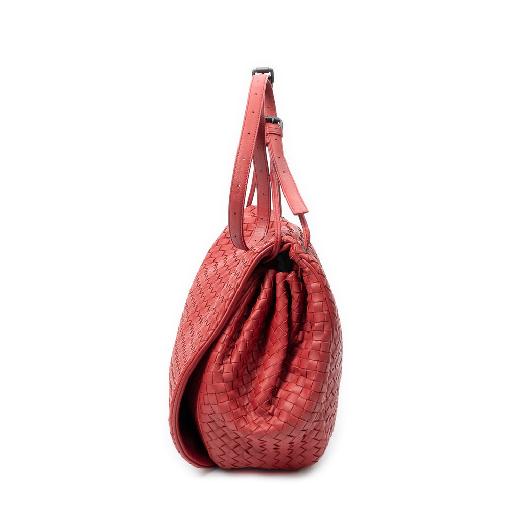 Shoulder Bag Drawstring Flap Messenger Red Intrecciato Leather