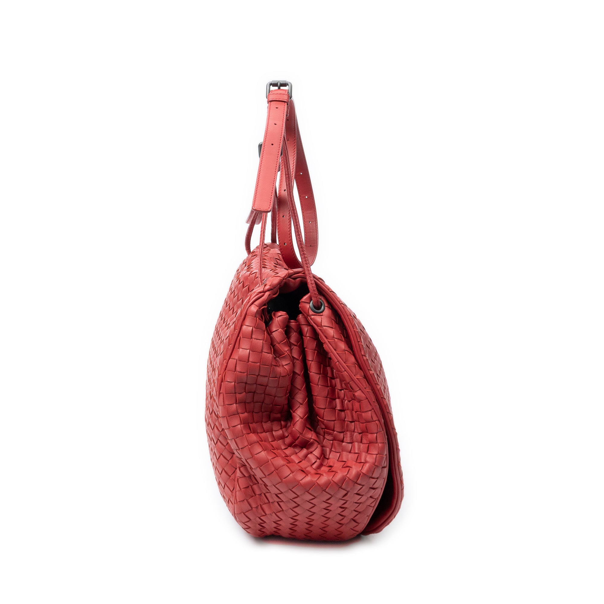 Shoulder Bag Drawstring Flap Messenger Red Intrecciato Leather