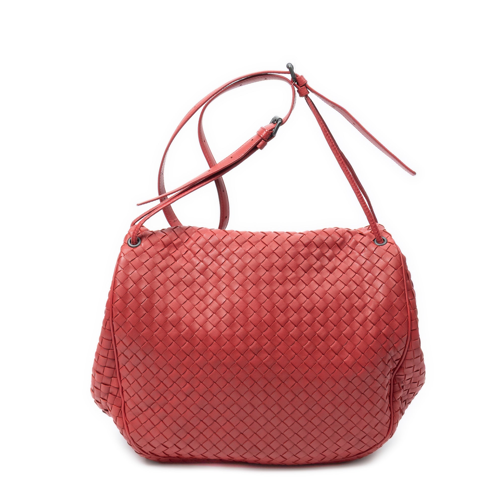 Shoulder Bag Drawstring Flap Messenger Red Intrecciato Leather