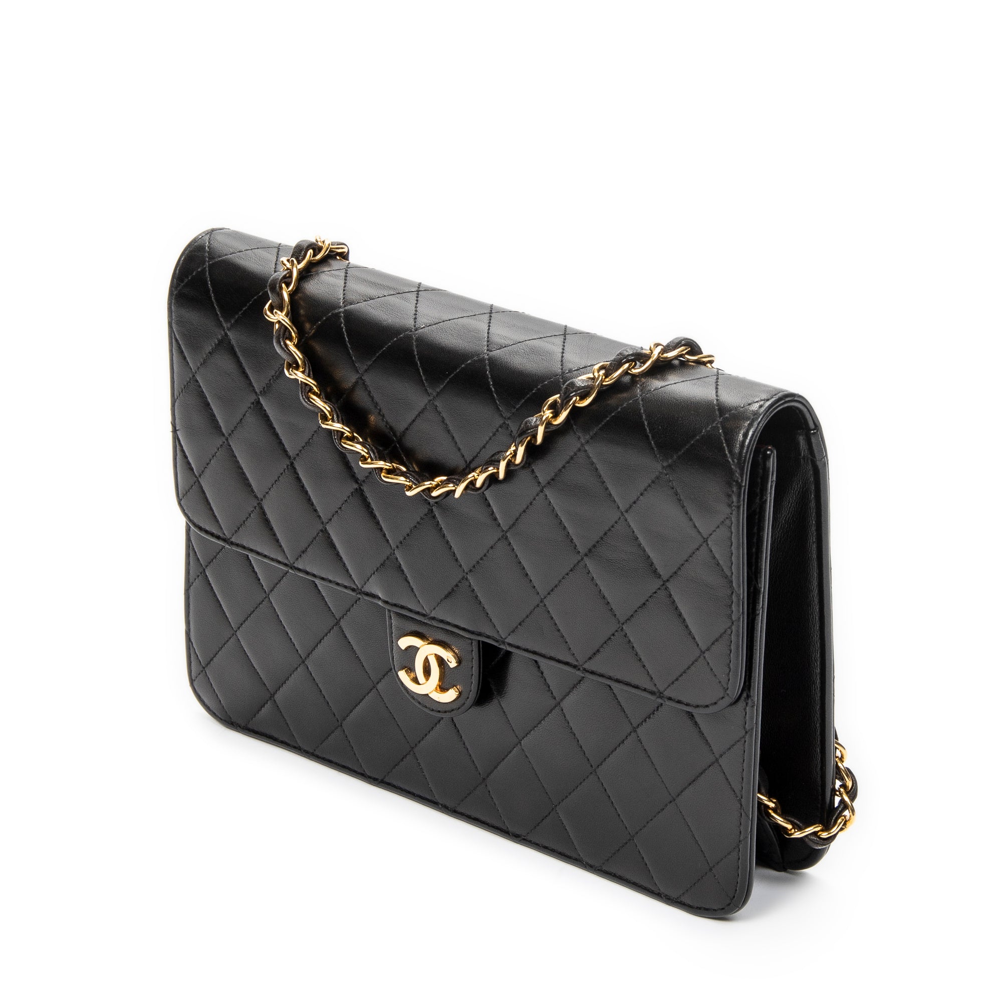 Shoulder Bag Vintage Push Lock Straight Flap Black Quilted Lambskin Leather