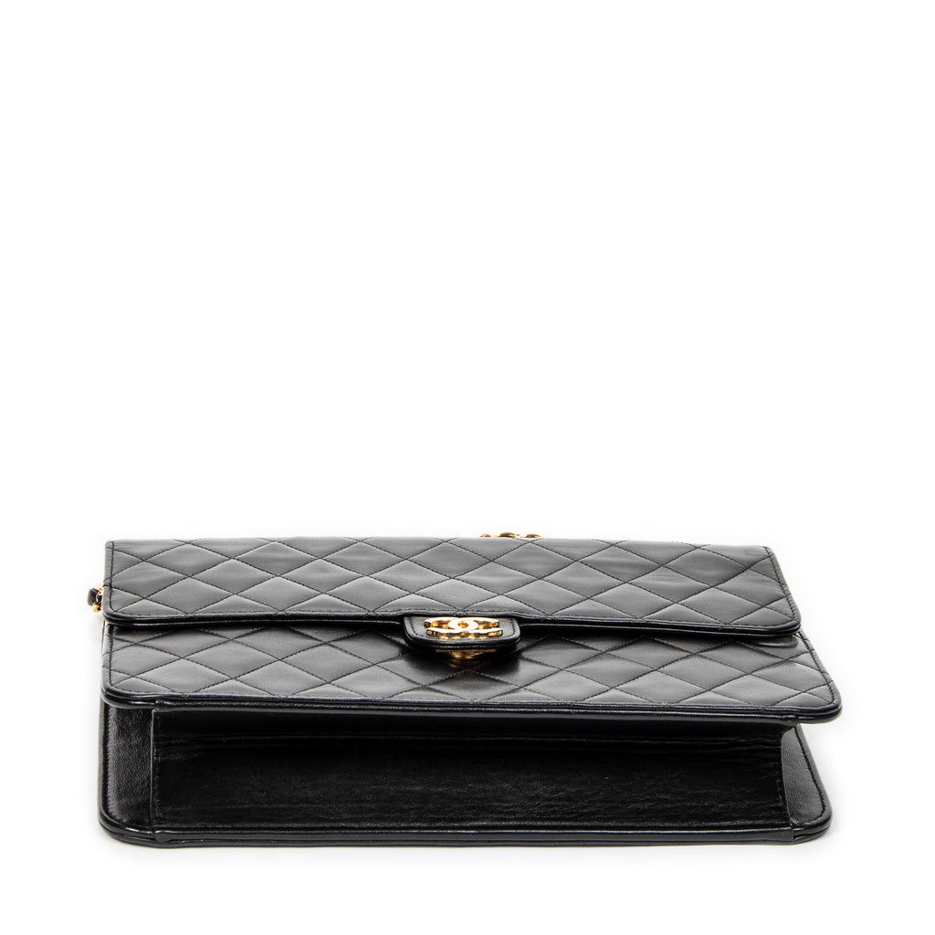 Shoulder Bag Vintage Push Lock Straight Flap Black Quilted Lambskin Leather