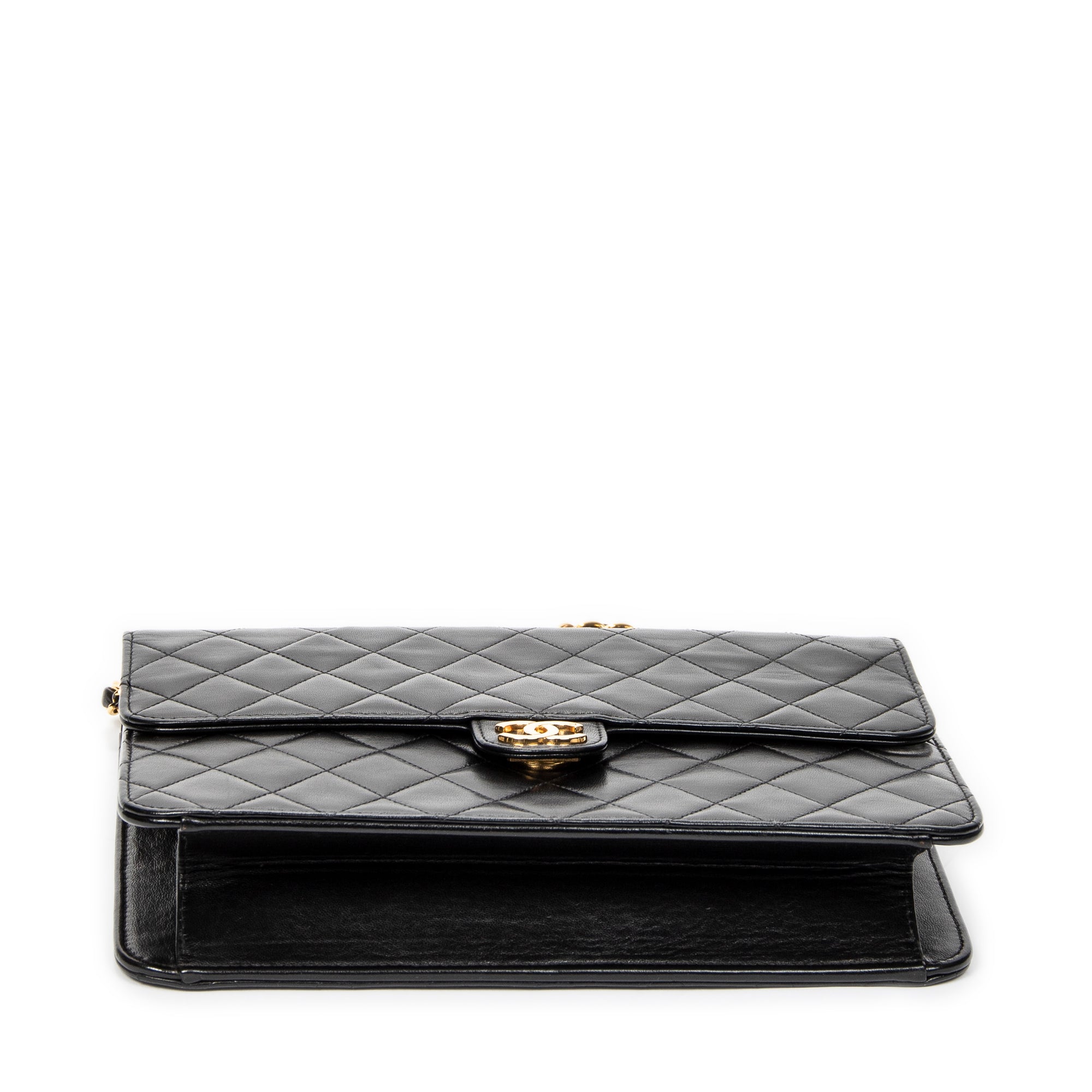 Shoulder Bag Vintage Push Lock Straight Flap Black Quilted Lambskin Leather