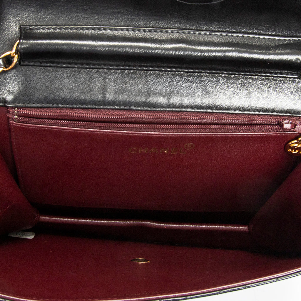 Shoulder Bag Vintage Push Lock Straight Flap Black Quilted Lambskin Leather