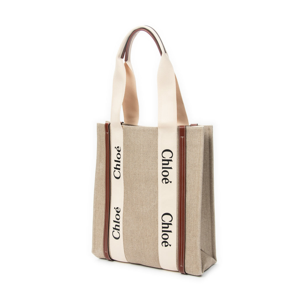 Shoulder Bag Large Woody Vertical Tote Beige Woven Canvas