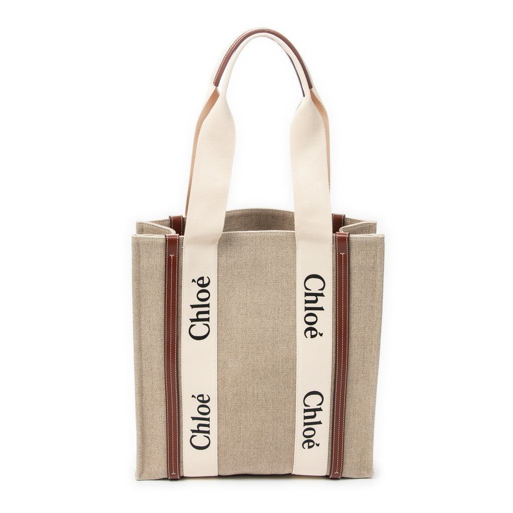Shoulder Bag Large Woody Vertical Tote Beige Woven Canvas
