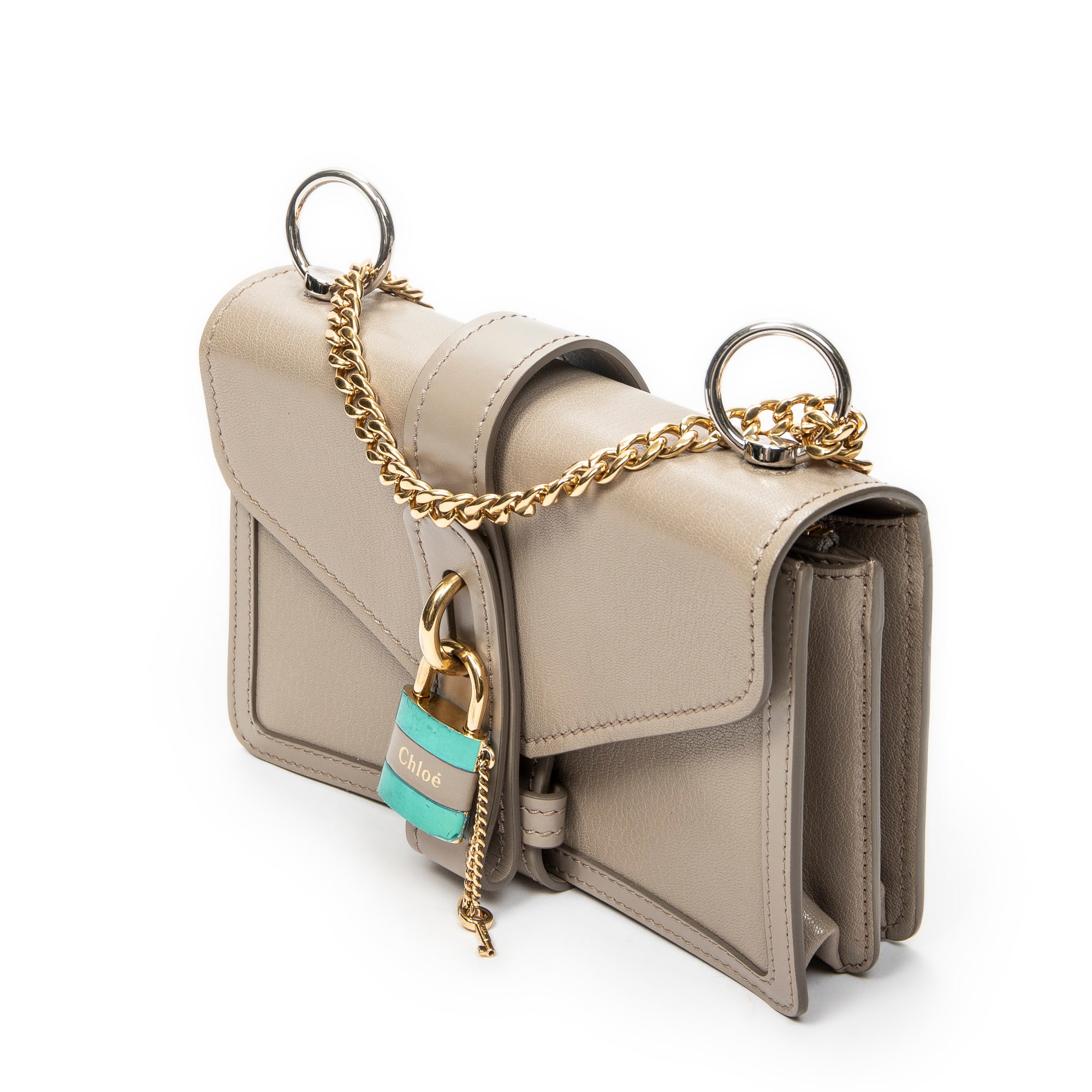 Shoulder Bag Aby Lock Chain Crossbody Taupe Goatskin Leather