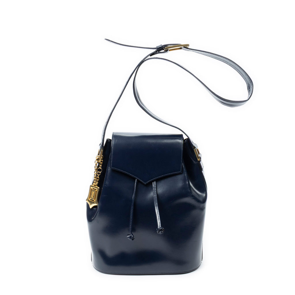 Shoulder Bag Vintage Drawstring Crossbody Navy Smooth Calfskin Leather