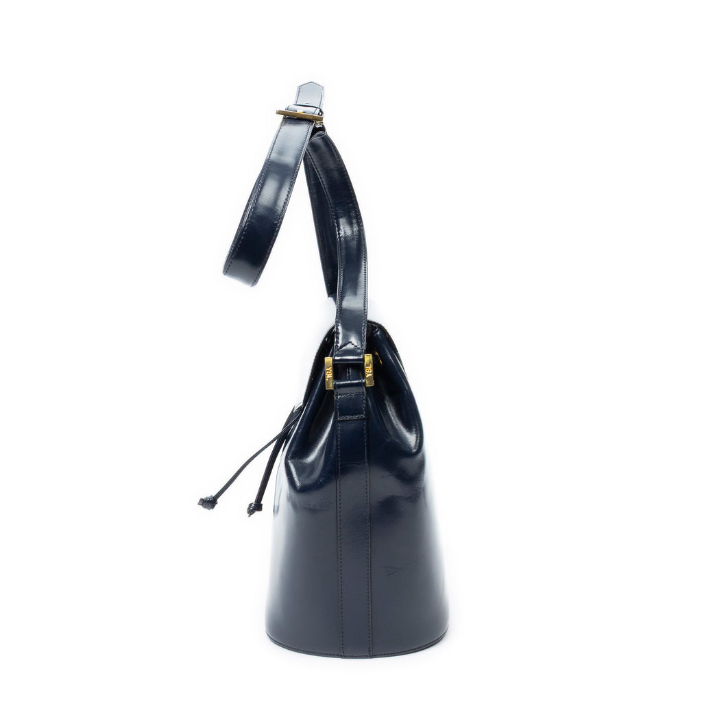Shoulder Bag Vintage Drawstring Crossbody Navy Smooth Calfskin Leather